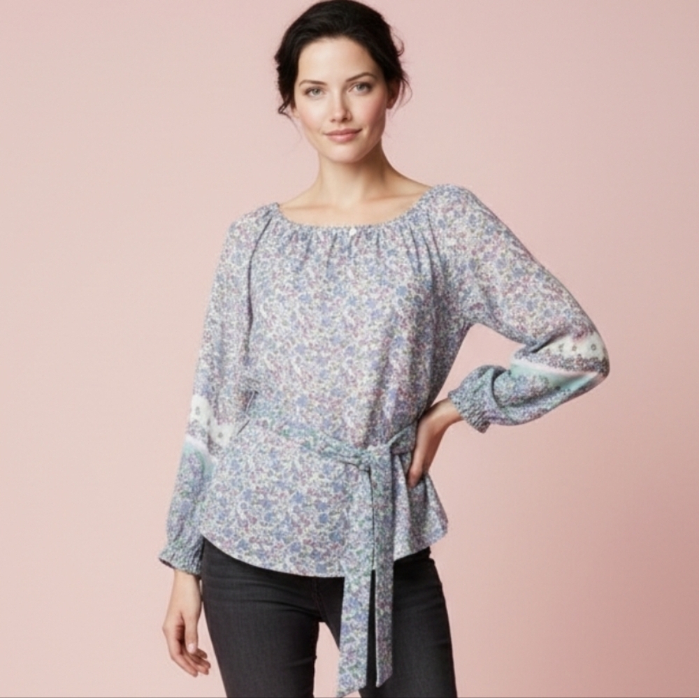 LOFT Floral Peasant Blouse XXS (0-2) Whimsical Boho Cottagecore Tie Waist Top - Picture 12 of 12